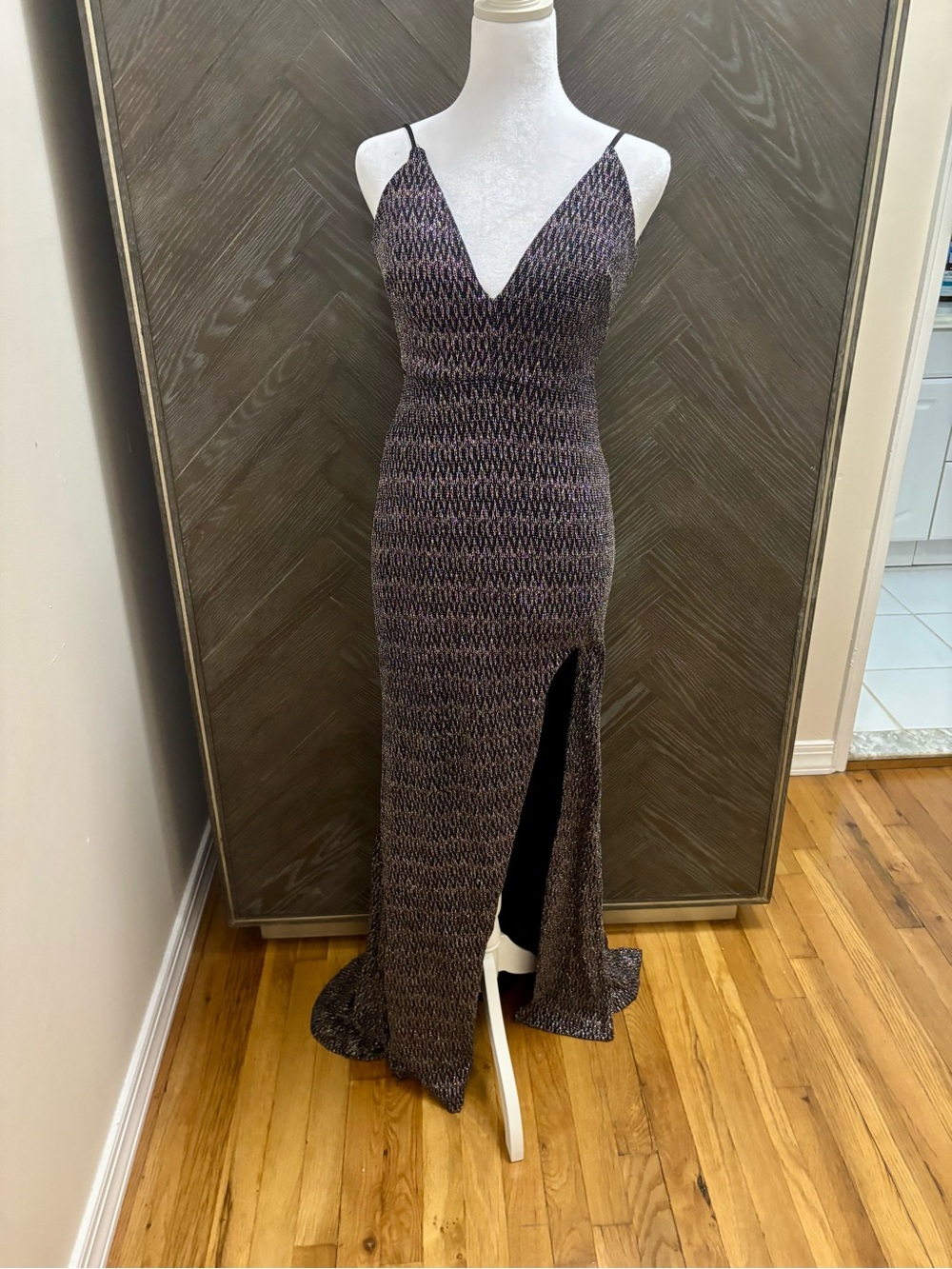 Backless V-Neck Evening Gown in Black and metallic colors